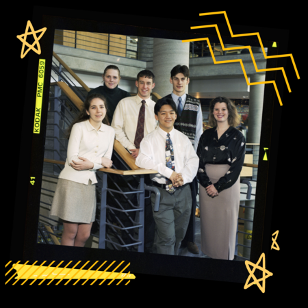 Students standing on a staircase captured on film with yellow graphics in background