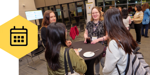 People standing around a table at an event with a calendar icon on the left