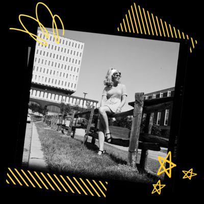Girl sitting on a fence in front of DP captured on film with yellow graphics in the background