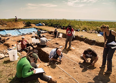 A group of students work at a dig site taking notes on their findings