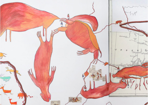 A painting featuring the Great Lakes turned into cartoons of creatures, with smaller animals on one side and the edge of a map on the other