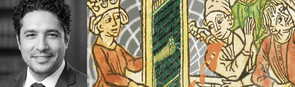 Yunus D. Telliel and an ancient woodcut illustration of a bar scene
