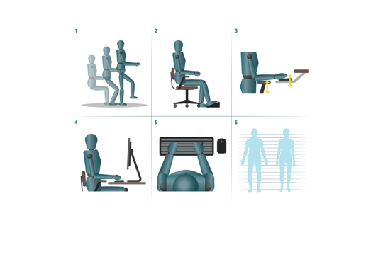 Illustrations of various seated and standing positions at office desks.