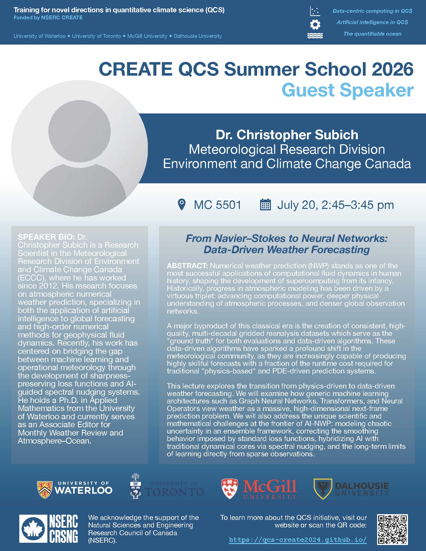 Quantitative Climate Science Seminar | Chris Subich, From Navier–Stokes to Neural Networks:  Data-Driven Weather Forecasting