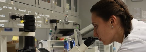 female at microscope