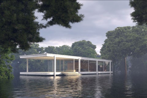 A modern floating house with a boat next to it.
