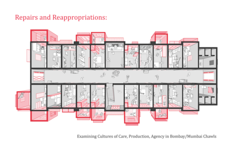 architectural drawing in black and grey with red accents: a top down view of people interacting in several different rooms