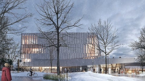 Architectural rendering of the exterior of John Innes Community Recreation Centre