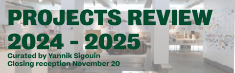 exhibition details in green text overlaid on a blurred image of the interior of the riverside gallery