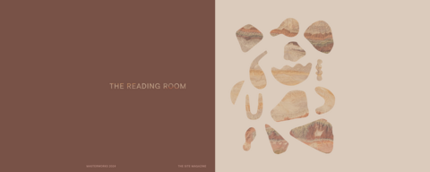 text, the reading room in beige on a brown square