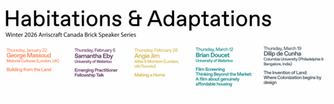 Graphic listing the Winter 2026 Arriscraft Canada Brick Speaker Series titled ‘Habitations & Adaptations,’ with five events featuring speakers Brian Doucet, George Massoud, Samantha Eby, Angie Jim, and Dilip de Cunha, along with their dates and talk titles