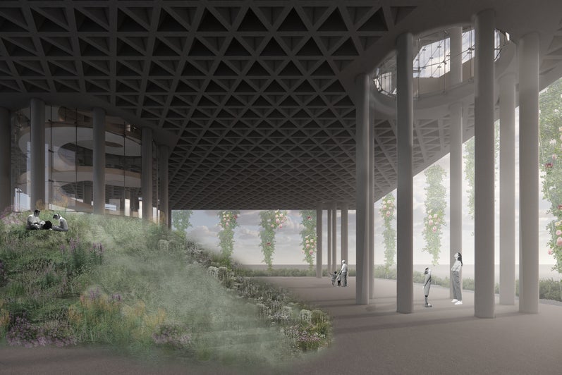 rendering of the bottom view of an elevated building on large columns