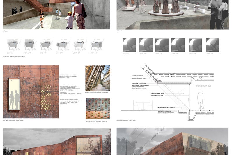 A presentation panel showcasing several interior and exterior renders, as well as material use images. 