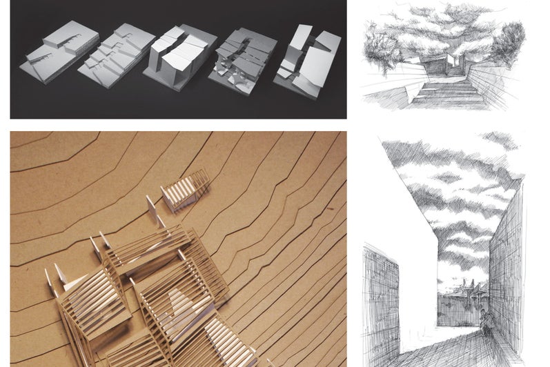 A presentation panel featuring a realistic render of the design, a design morphology render, several perspective pencil sketches