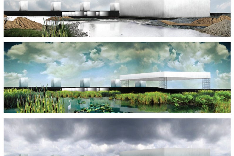 Three rendered elevations of a building/site design. They each differ on the water level presented in the renderings.