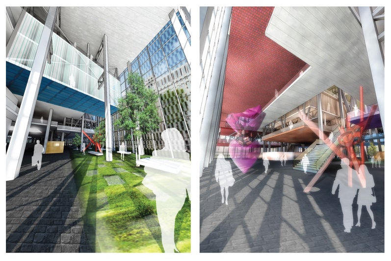 Two digital renderings of the interior atrium of a large urban building.The perspective is exaggerate to give the sense of scale