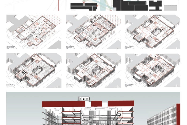 Several complex isometric drawings of a large urban complex. Also a very detailed perspective section cutted through the atrium.