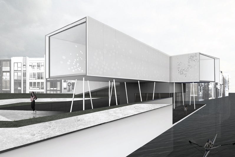 An exterior rendering of the project. It is a building created from box-like forms.