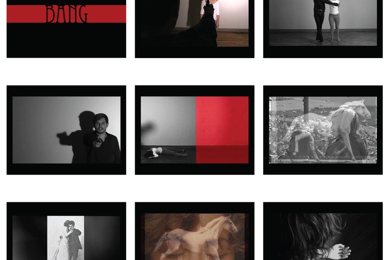 Several image stills of a film footage. These are mostly black, white and red images of two people, a horse, and texts.