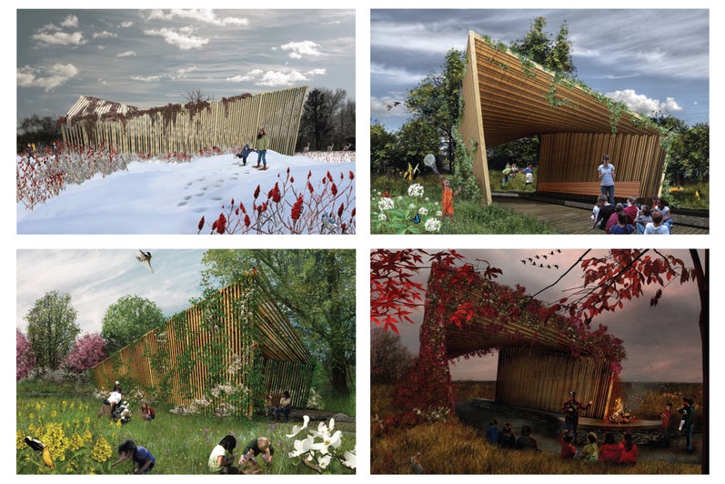 Four exterior renders of the same structure in four different seasons. The structure is an open pavilion. 