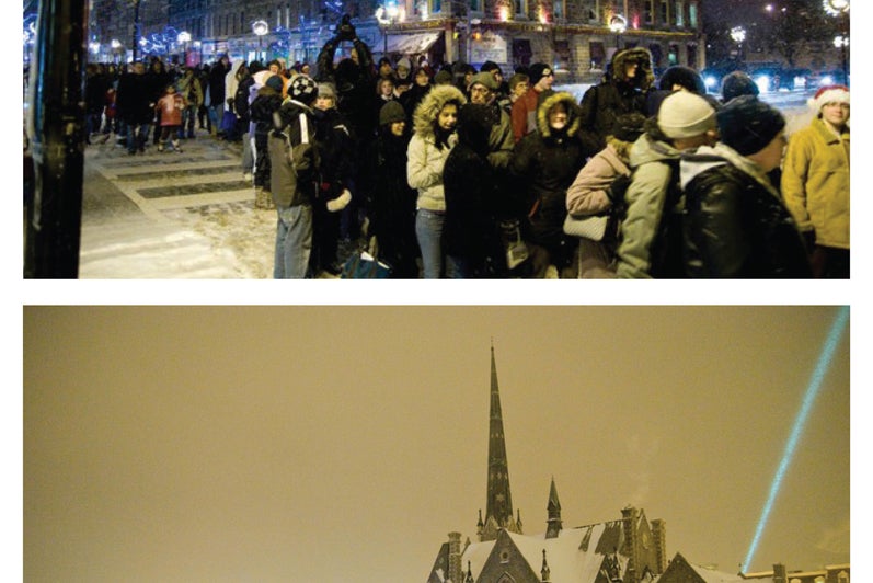 Two photographs of the Cambridge city at night. One is on a site street with many people lined up, the other is a projection.