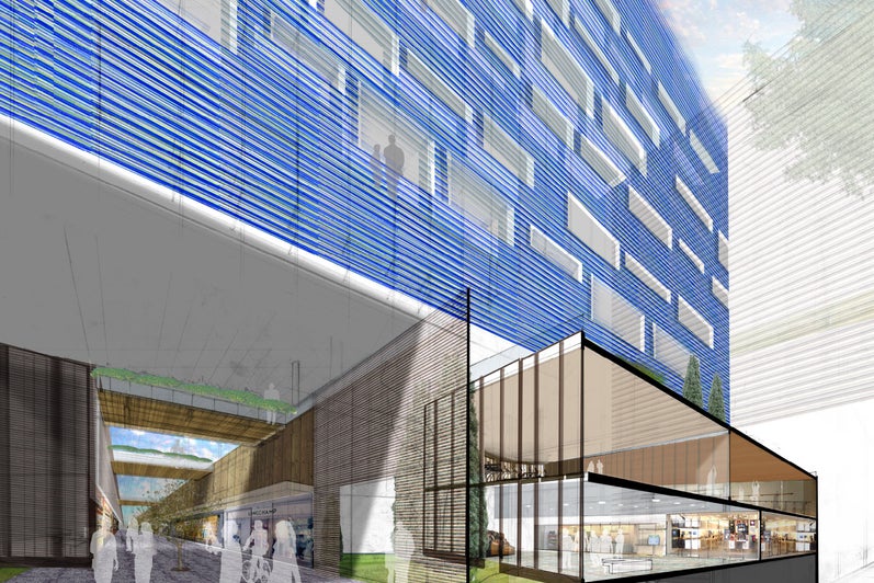 An exterior rendering of her building design. The view is from the front extrance, looking up at the façade.