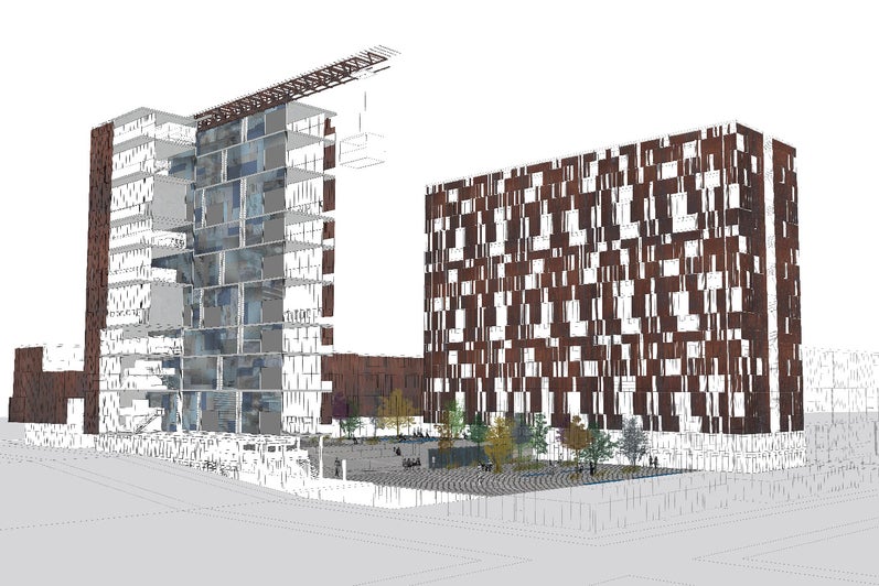 An exterior render of his building design. The view is from a person's height. Part of the building is in exploded view.
