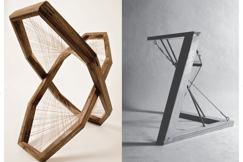 Two photographs of two different chairs. One is a chair held together from wires in tension, the other is very similar in design