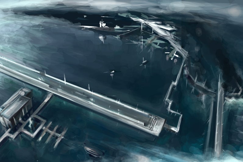 A digital painting rendition of the island from an aerial view.