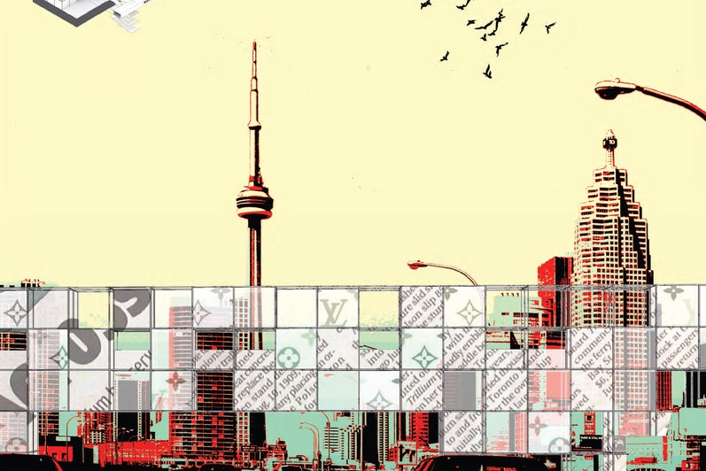 A photo collage of the Toronto skyline and other various patterns.