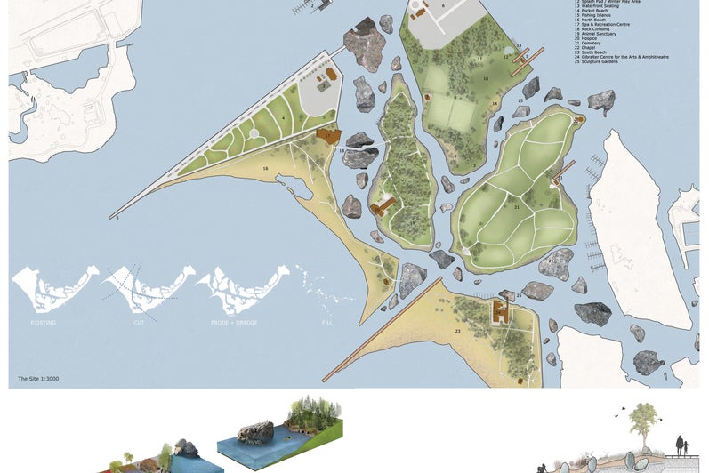 A presentation panel showcasing several diagrams of the Toronto island, and a site plan of the main redesigns of the island.