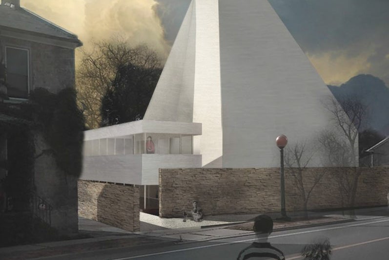An exterior rendering of the church during the dusk hour in a neighborhood street setting.