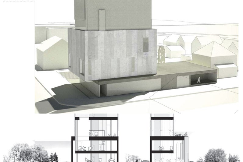 A presentation panel showcasing a building perspective rendering, and two section drawings.