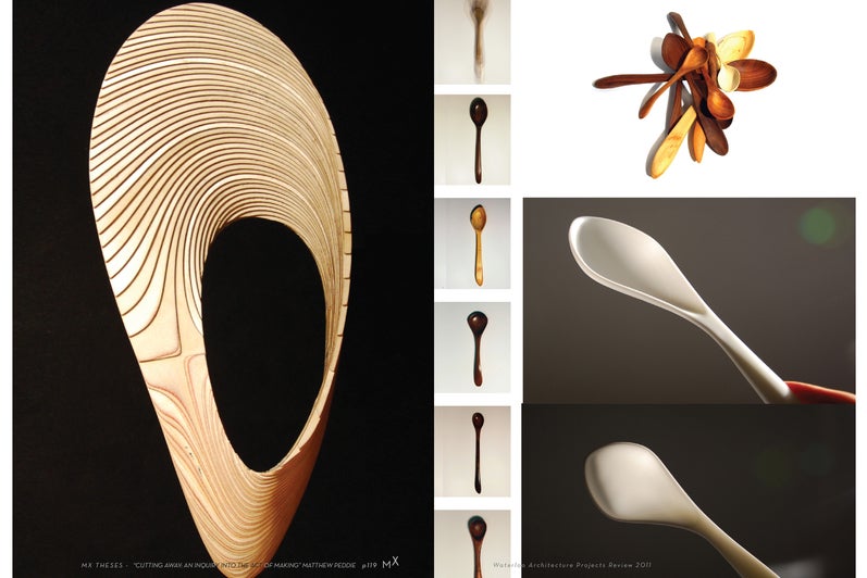 Several wooden spoon like, free flowing and circular sculptures.