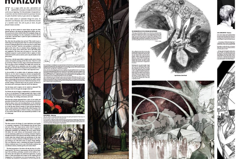 A presentation panel showcasing her vision of the spaceship colony. It includes a number of drawings and paintings.