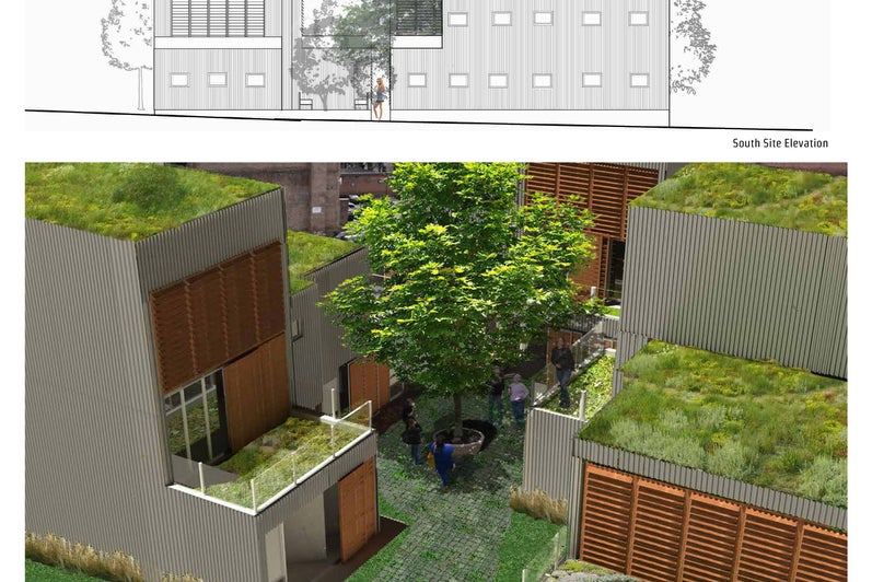 A presentation panel showcasing an elevation drawing of the building, and a rendered view of the exterior courtyard.
