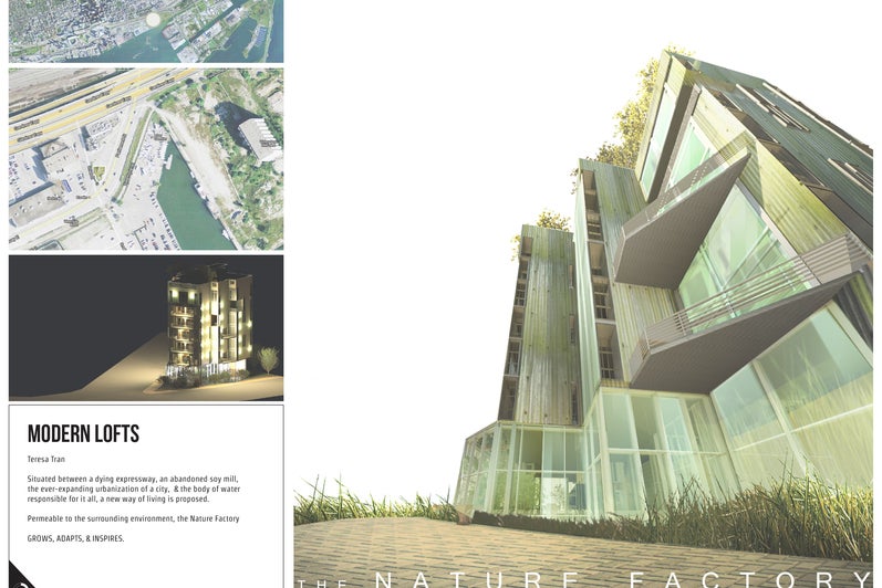 A presentation panel showcasing several day and night renderings of the building design. The main render has a worm-eye effect.