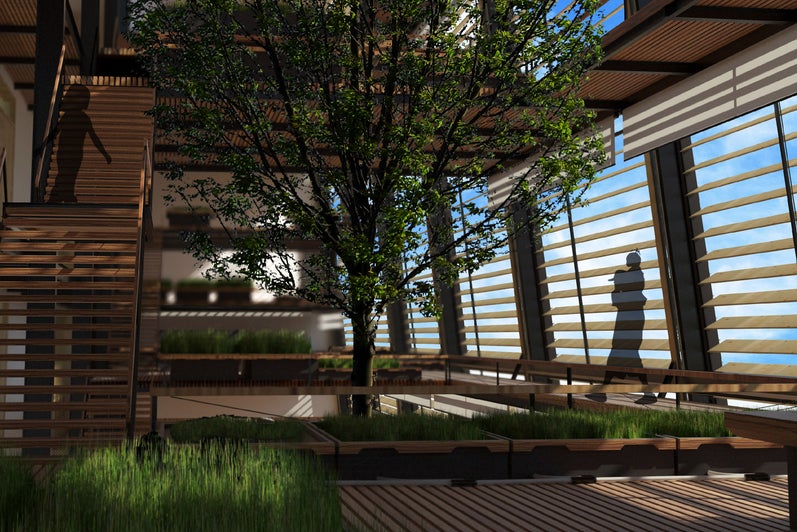 An interior rendering of the building's greenhouse atrium. There is a large tree in the middle of the empty space.