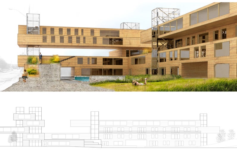A perspective rendering of the building from the front entrance. The form of the building is rectangular with cantilevers.