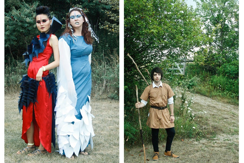 Two photographs of actors, wearing costumes posing in front of a number of trees.