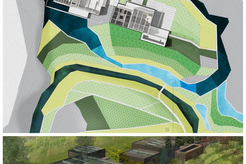 A presentation panel showing a rendered site plan drawing and an aerial render of the building.
