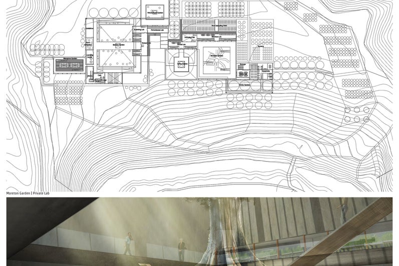 A presentation panel showing a detailed plan drawing and an interior render of the large atrium.