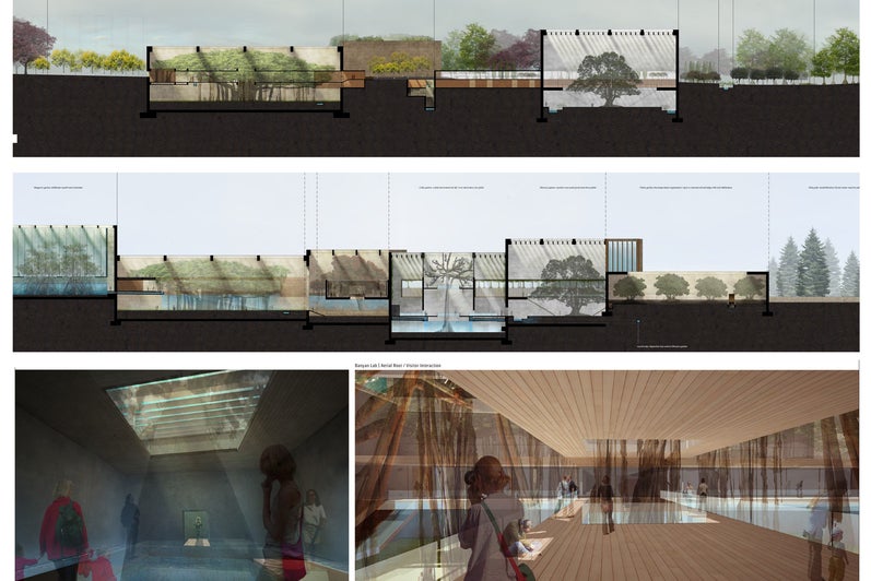 A presentation panel showing a rendered section and several interior renders of the pool and hallways.
