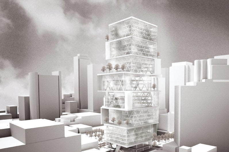 An exterior rendering of this urban tower design. The building seems to be made from several stacked boxes that is shifted.