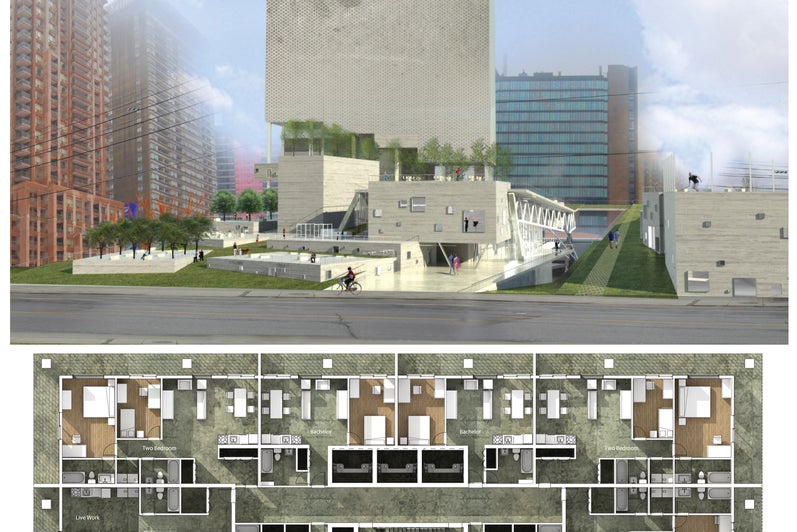 An exterior rendering of the building from street level. The main tower of the structure seems to be cladded in a thin mesh.