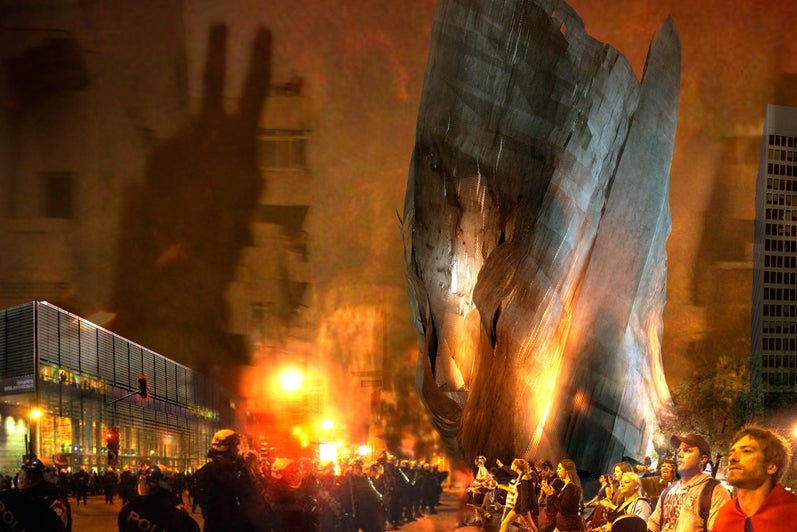 A photo collage rendering of the strangely shaped structure. Infront are people and law enforcements engaged a protest.