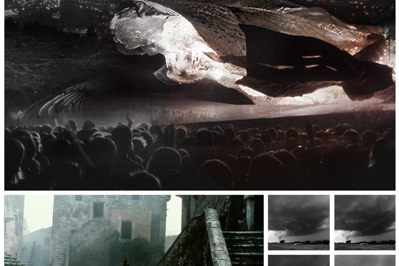 A presentation panel showcasing a night time rendering of the structure, and as as several almost monotone photographs of clouds