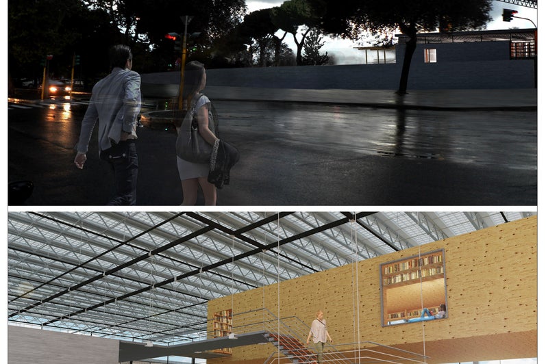 One exterior and one interior render of the building design. The structure is reminiscent to a warehouse.
