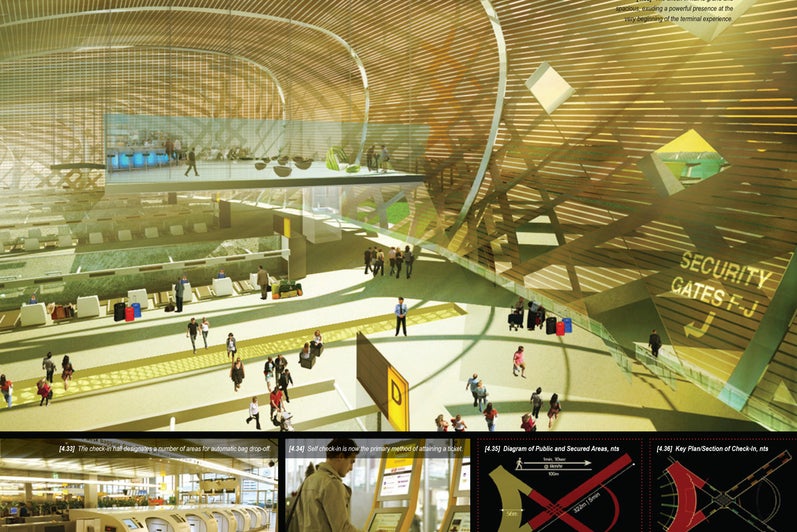 An interior render of an airport design.