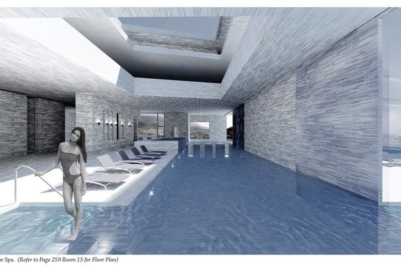 An interior render of a pool inside the building, with sunlight coming down from its skylights.